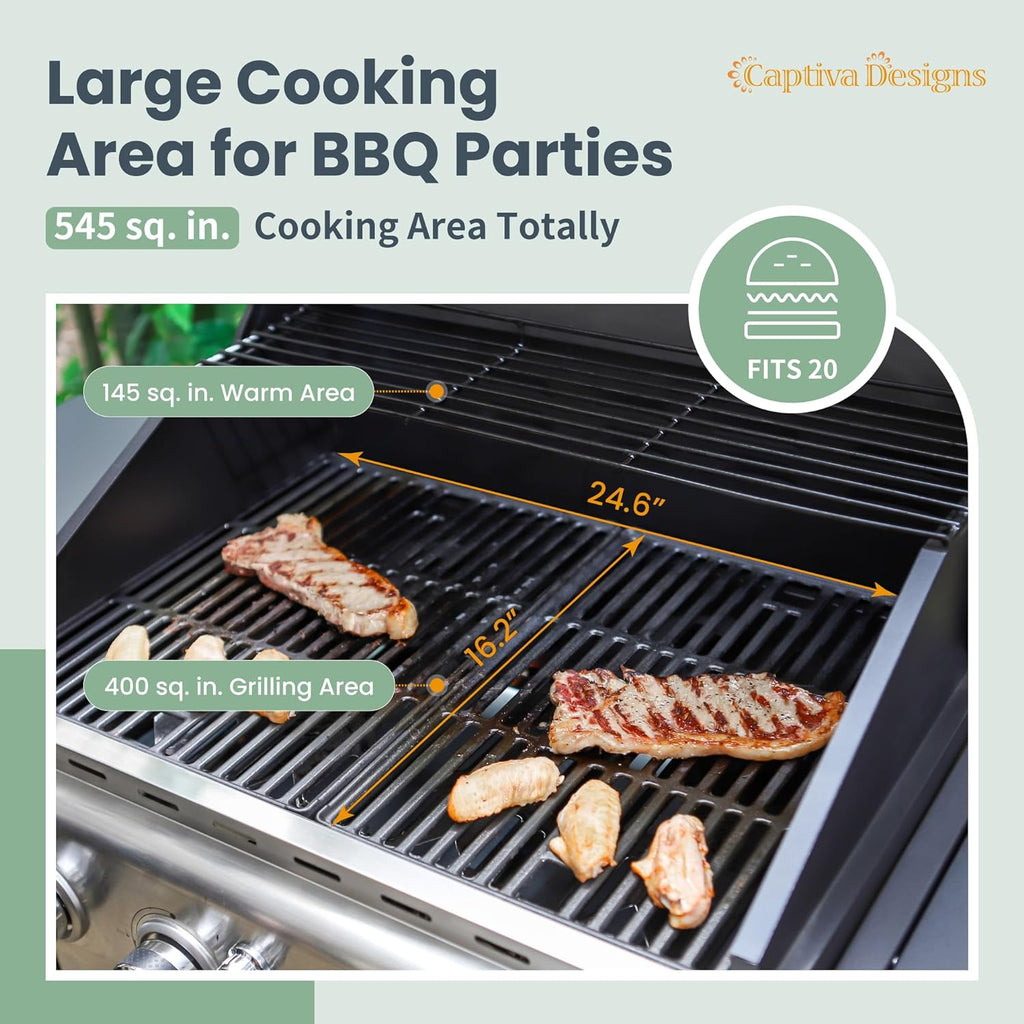Captiva Designs 4-Burner Propane Gas BBQ Grill with Side Burner & Porcelain-Enameled Cast Iron Grates, 42,000 BTU Output Stainless Steel Grill for Outdoor Cooking Kitchen and Patio Backyard Barbecue wourant