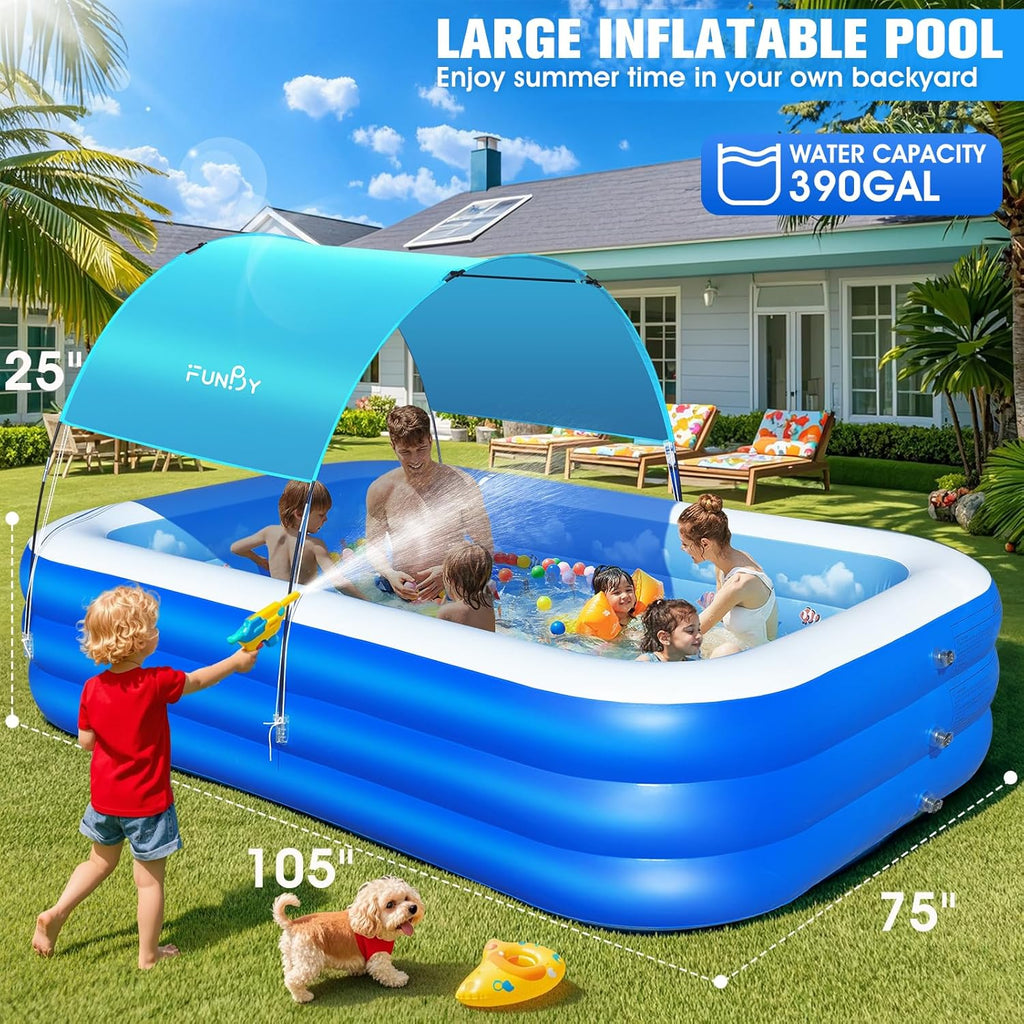 Inflatable Pool with Canopy,Upgraded Inflatable Swimming Pool for Kids,Adult,Large Inflatable Blow up Pools,Ocean Theme Oversized Thickened 105"x75"x25"Inflatable Family Pools for Backyard-Blue wourant
