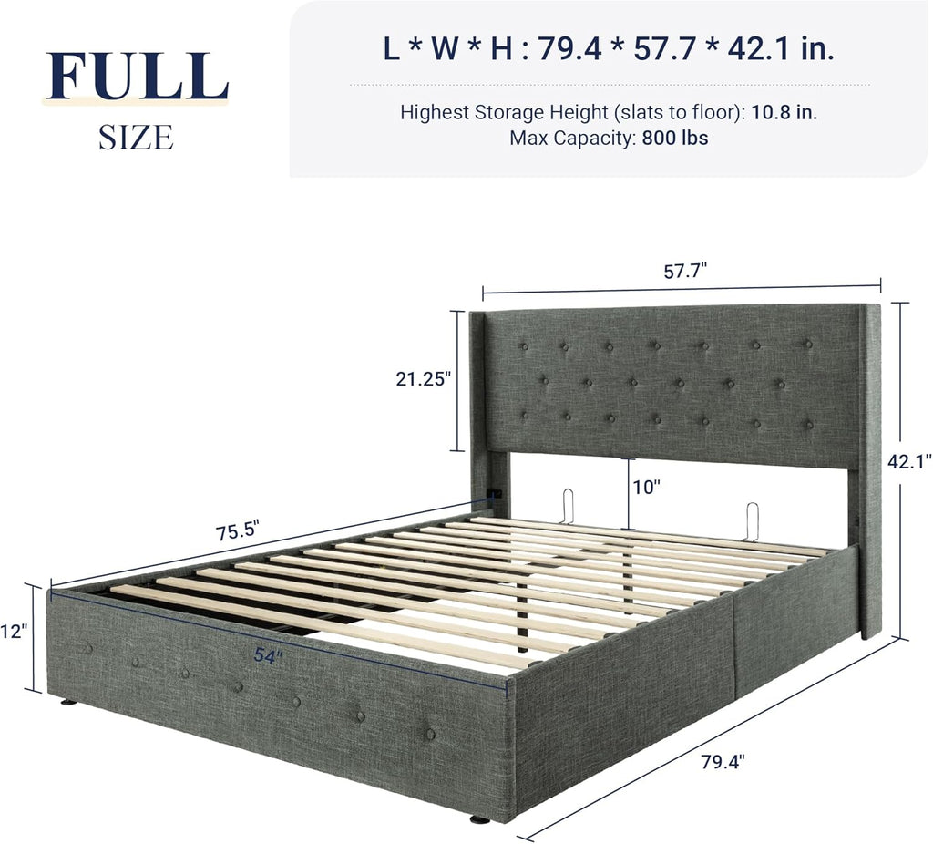 Allewie Queen Size Lift Up Storage Bed Modern Wingback Headboard Hydraulic Support wourant