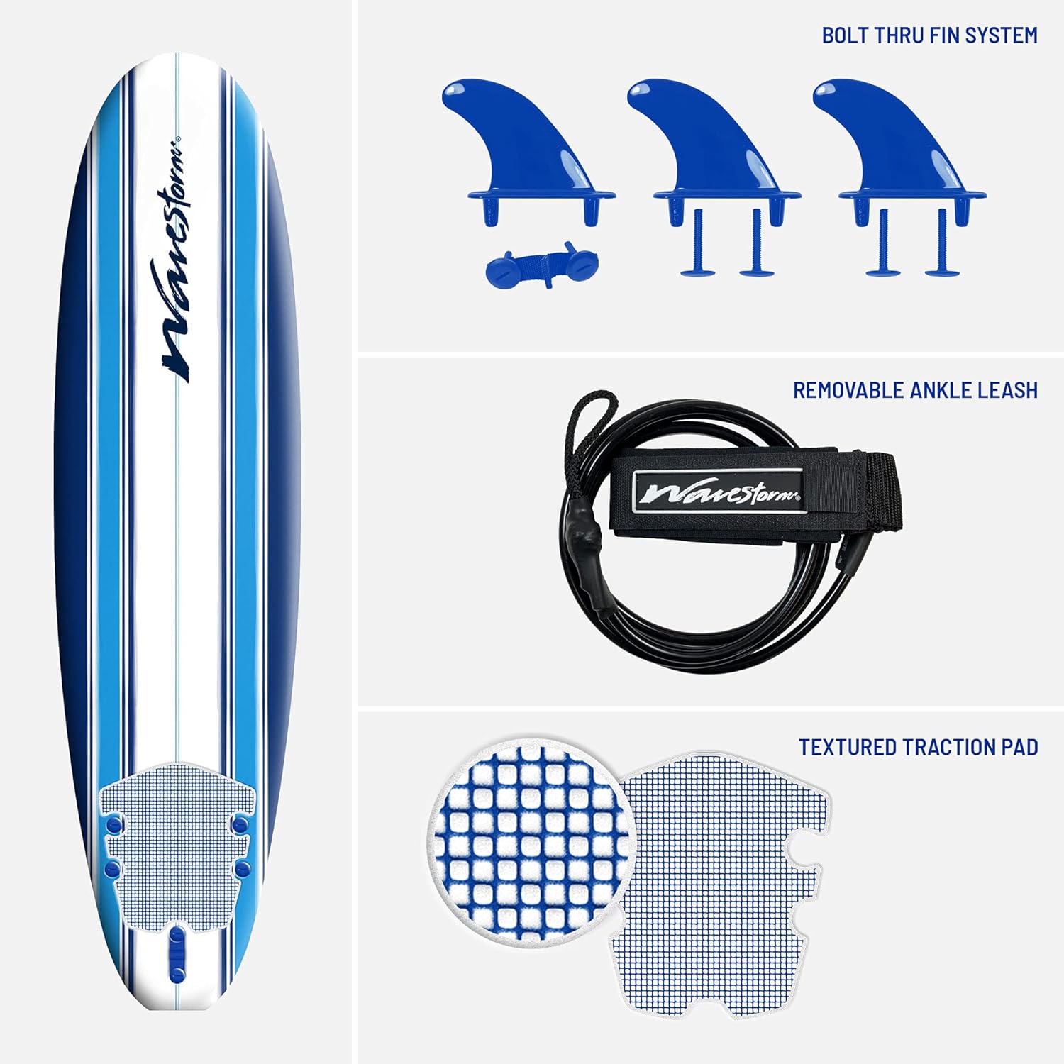 Wavestorm - Classic Soft Top Foam 7ft Surfboard Surfboard for Beginners and All Surfing Levels Complete Set Includes Leash and Multiple Fins Heat Laminated, Blue Pinline (AZ22-WSSF700-PIN) wourant