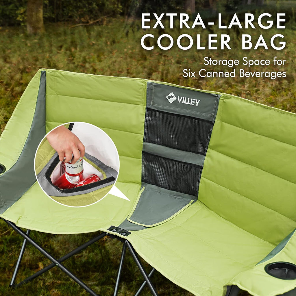 Double camping chair (with cooler bag), extra wide love seat, heavy duty padded camping sofa, portable folding chair wourant
