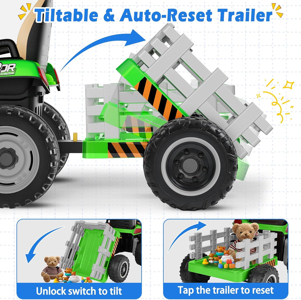 24V Ride On Tractor w/Tiltable & Detachable Trailer, 2x65W Motors, EVA Tires, Remote Control, Bluetooth, Shifter, Music, Electric Car for Kids, Green wourant