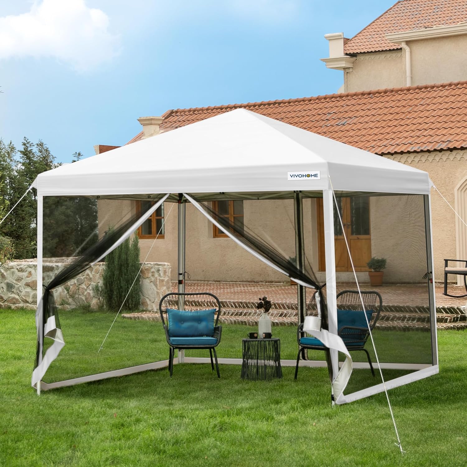 10x10ft Easy Pop-Up Canopy, Outdoor Screen Tent with Mosquito Netting, 2 Zipper Doors, and Roller Bag for Yard Camping Picnic Party Events, Beige wourant
