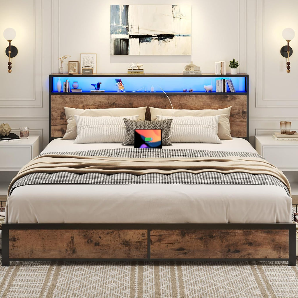 Lifezone Queen Bed Frame with 2-Tier Storage Headboard, Metal Platform Bed Frame with 4 Storage Drawers, Built in Charging Station & LED, Noise-Free/Metal Support/No Box Spring Needed wourant