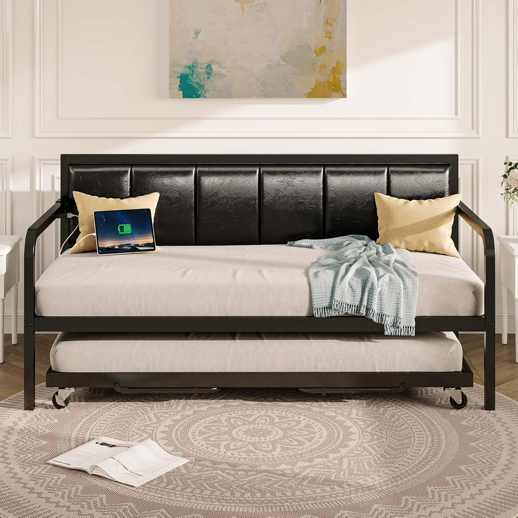 Rolanstar Daybed with Charging Station and LED Lights, Height Adjustable Twin Daybed with Trundle, Metal Sofa Bed Frame with Steel Slat Support wourant