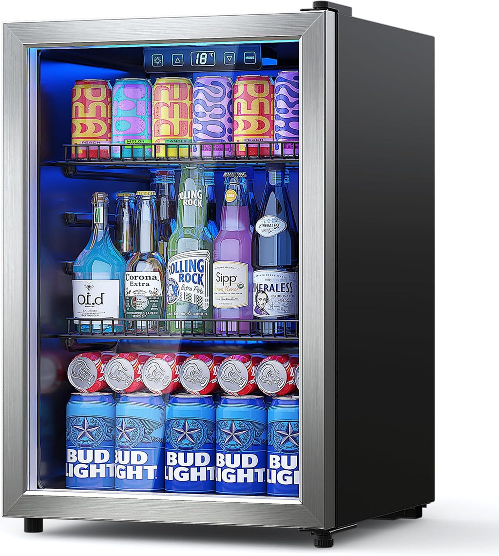 Beverage Refrigerator Cooler-120 Cans Freestanding Mini Fridge Cooler with Glass Door wourant