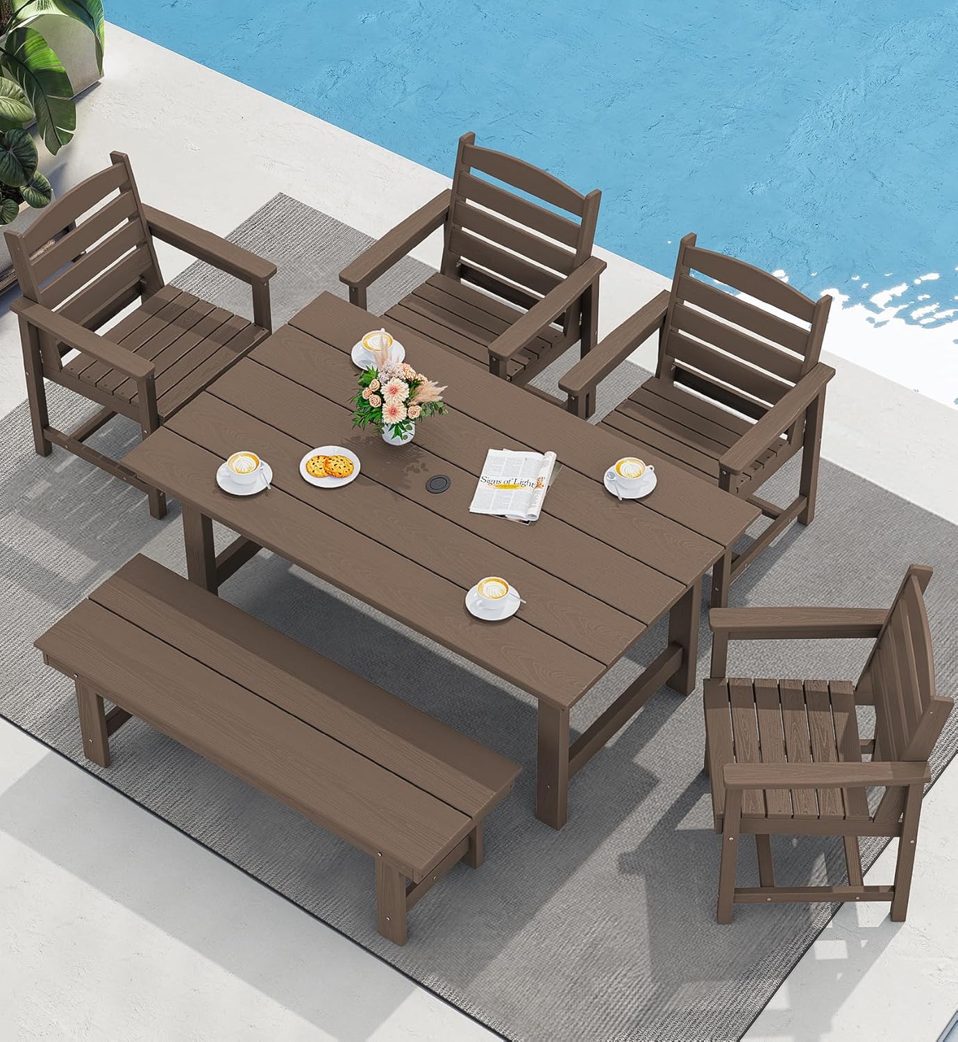 Outdoor HDPE Dining Table Set, 7-Piece Outdoor Dining Table Sets with Umbrella Hole Cut-Out Table and 6 Chairs wourant