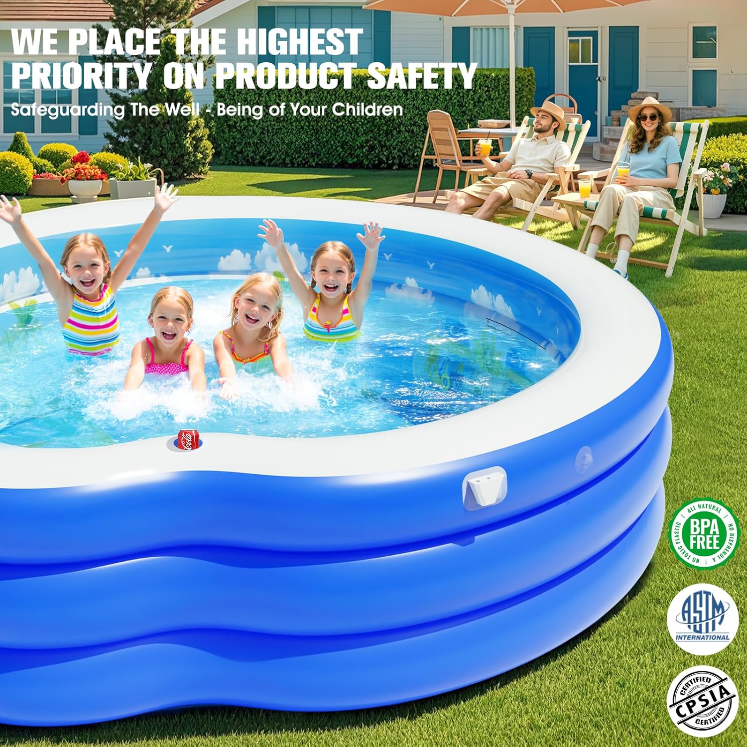 2025 Upgraded Inflatable Pool with Canopy, Inflatable Family Lounge Pool, Round Blow Up Pool for Adult with Bench & Backrest, Swim Center Easy Backyard Pools for Kids & Adults, 92"x92"x26", Blue wourant
