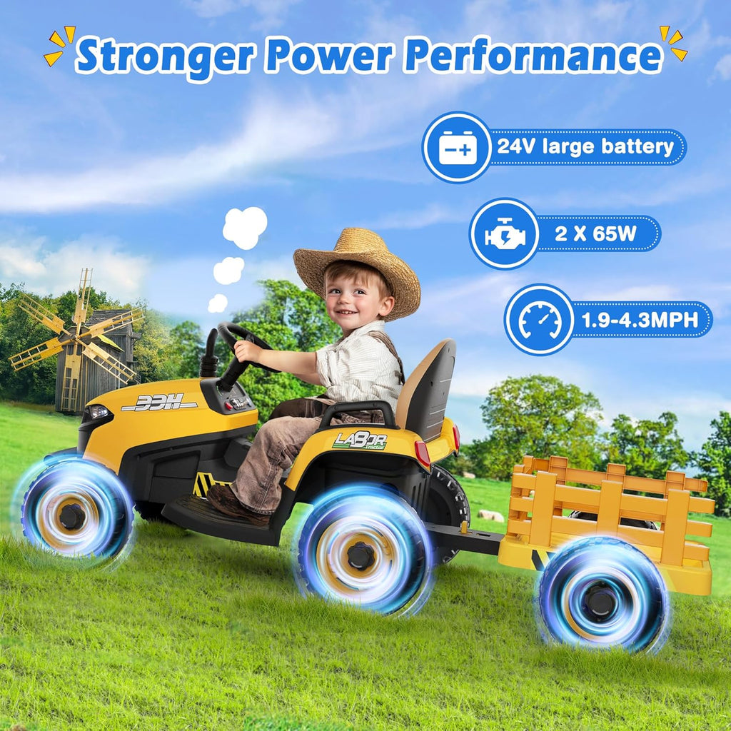 24V Ride On Tractor w/Tiltable & Detachable Trailer, 2x65W Motors, EVA Tires, Remote Control, Bluetooth, Shifter, Music, Electric Car for Kids, Green wourant