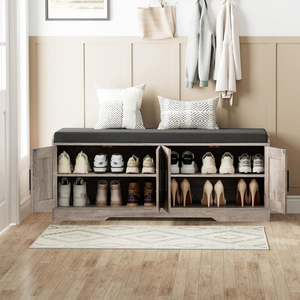 2-Tier Storage Bench, Shoe Bench with Thickened Padded Seat Cushion, Entryway Bench with 4 Doors, Adjustable Shelf, 13.8" D x 45.3" W x 18.5" H, for Entryway, Living Room, Bedroom, White wourant