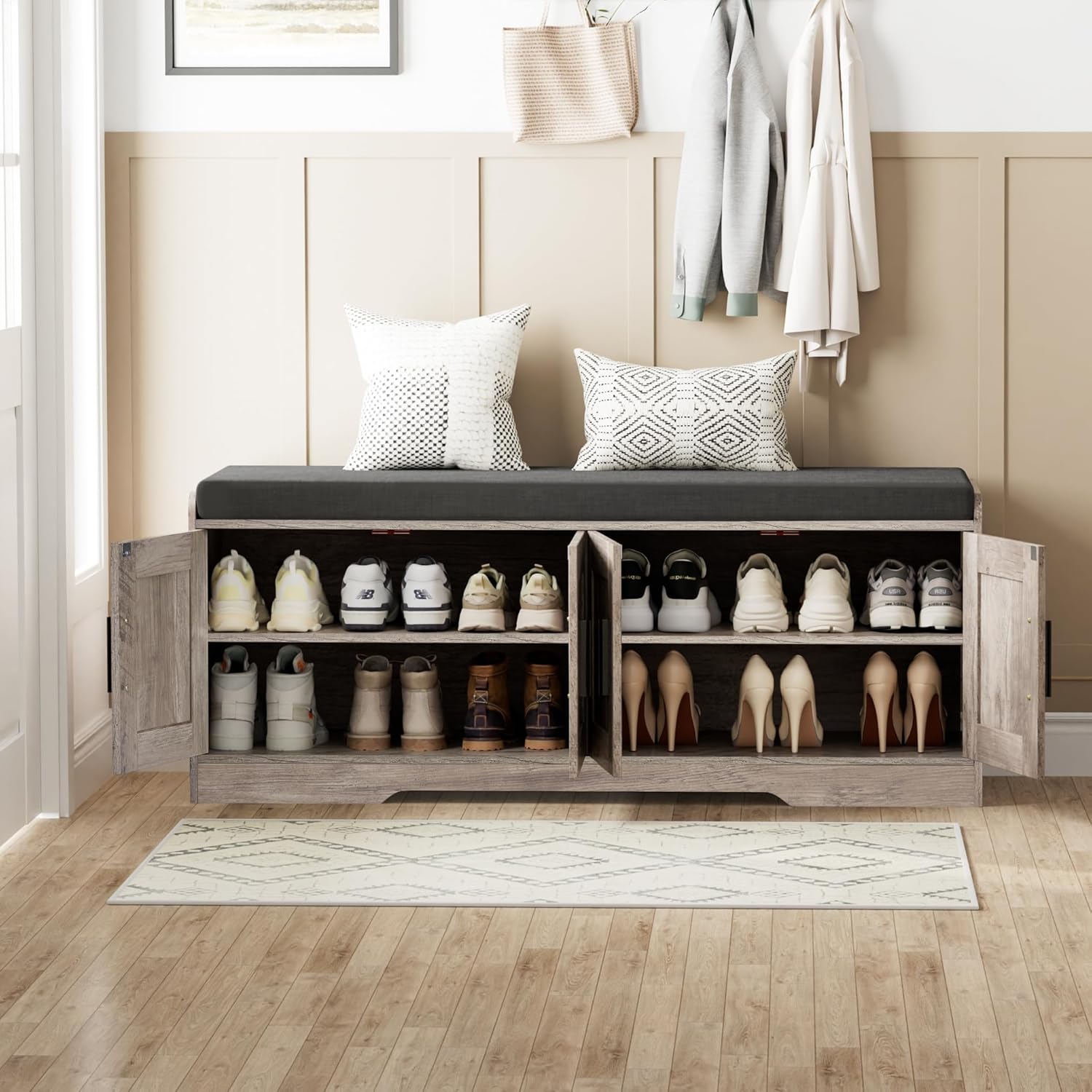 2-Tier Storage Bench, Shoe Bench with Thickened Padded Seat Cushion, Entryway Bench with 4 Doors, Adjustable Shelf, 13.8" D x 45.3" W x 18.5" H, for Entryway, Living Room, Bedroom, White wourant