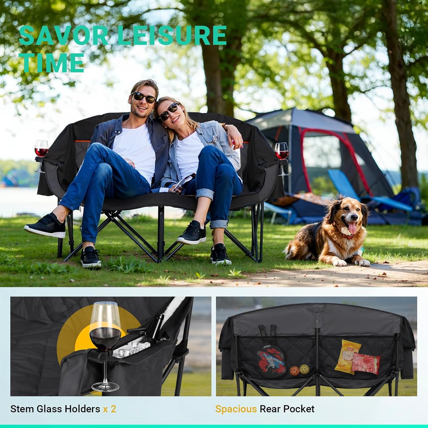 Extra Large Double Camping Chair - 2 Person Comfortable Sofa Chair Adult Loveseat - Heavy Duty Lawn Chair wourant