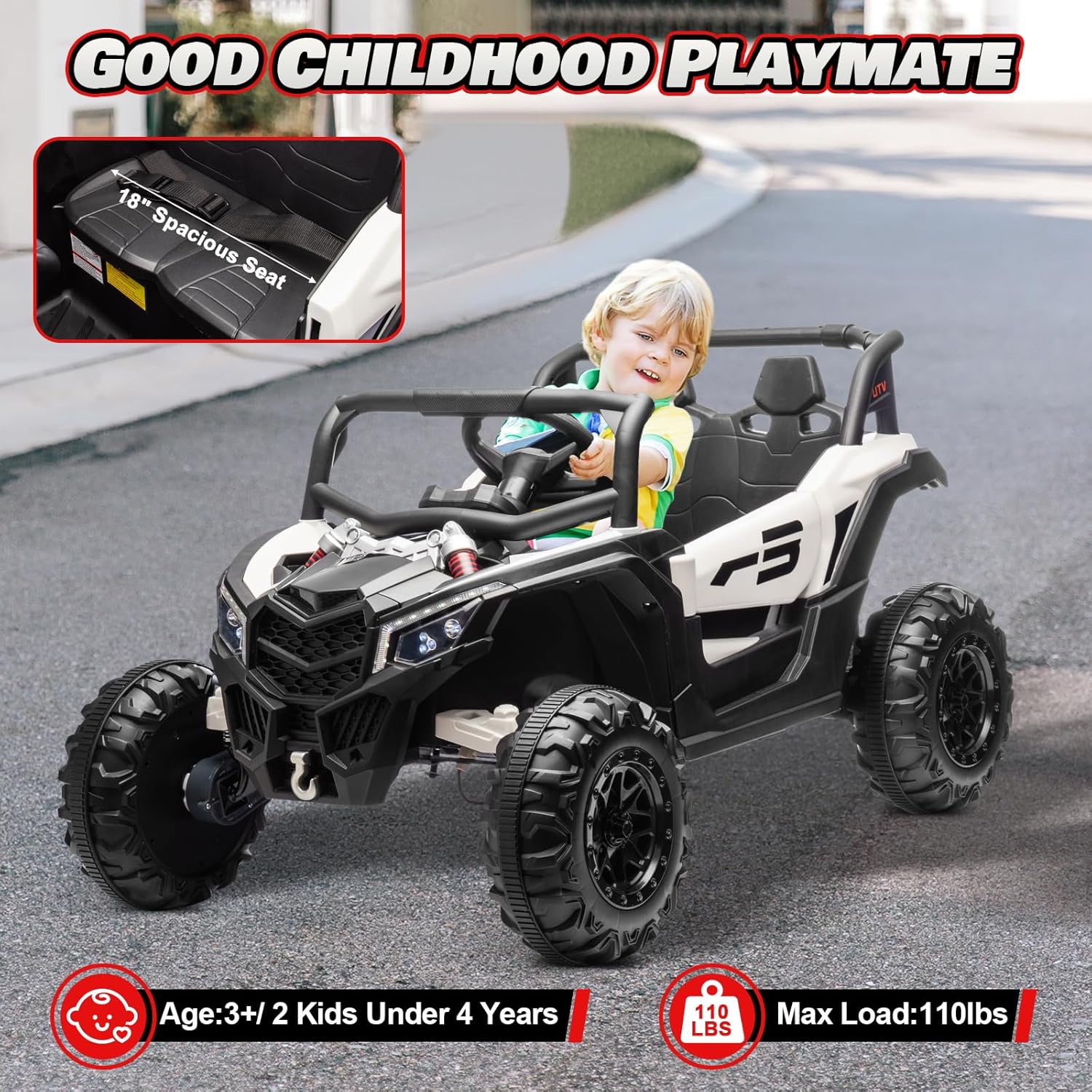 JOYRACER Kids Remote Control Car with 4 x 150W Motors, Shock Absorbers, Bluetooth, MP3 Player, and Headlights wourant