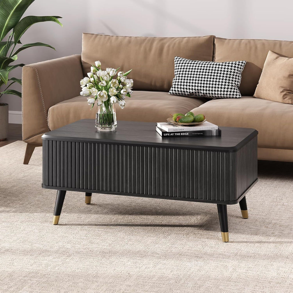 Round Coffee Table with Storage Fluted Center Table with Sliding Cabinet Door for Living Room wourant
