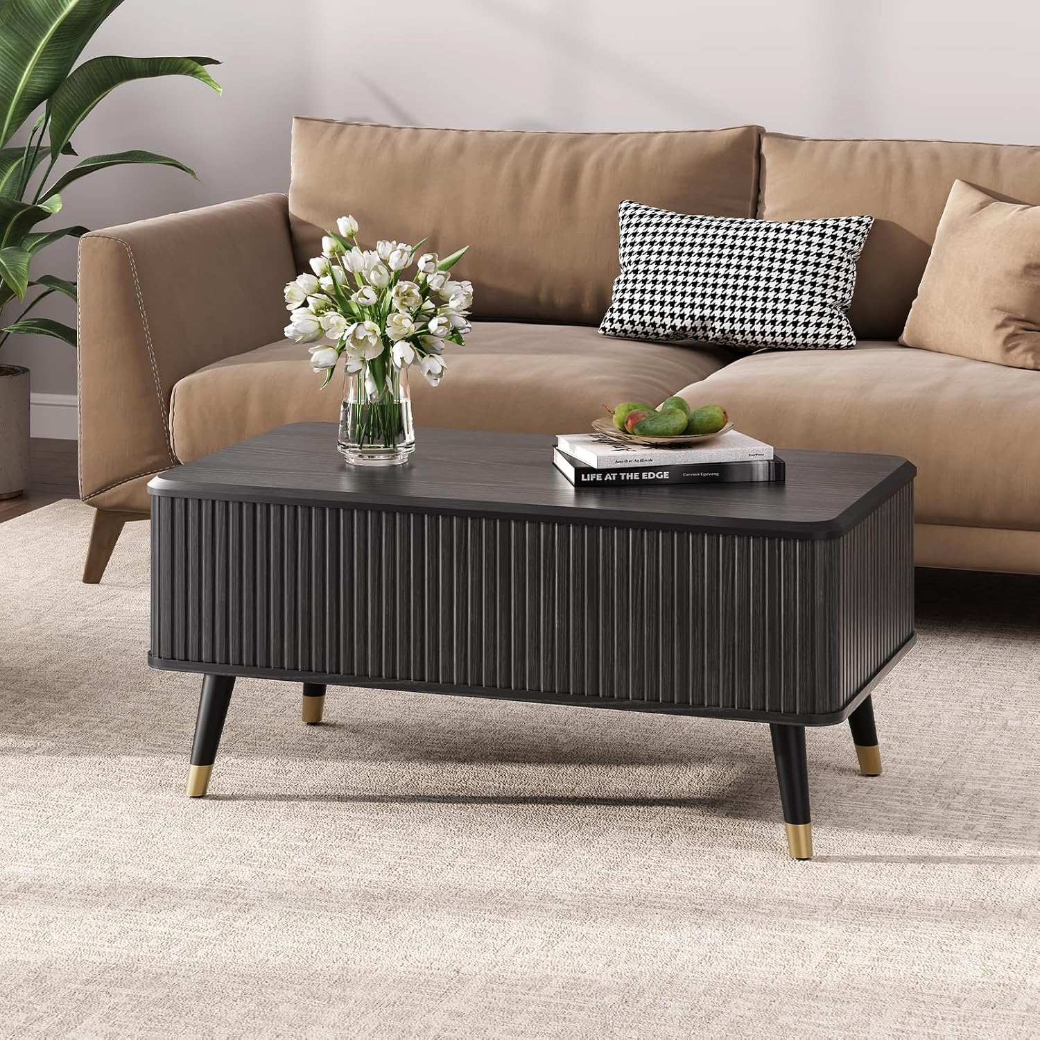 Round Coffee Table with Storage Fluted Center Table with Sliding Cabinet Door for Living Room wourant