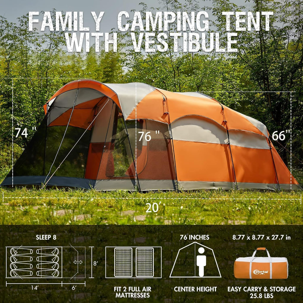 PORTAL 6/8/10 Person Family Camping Tent with Screen Room, Water Resistant Big Tunnel Tent with Rainfly, Large Family Tent for Outdoor Camping, Party wourant