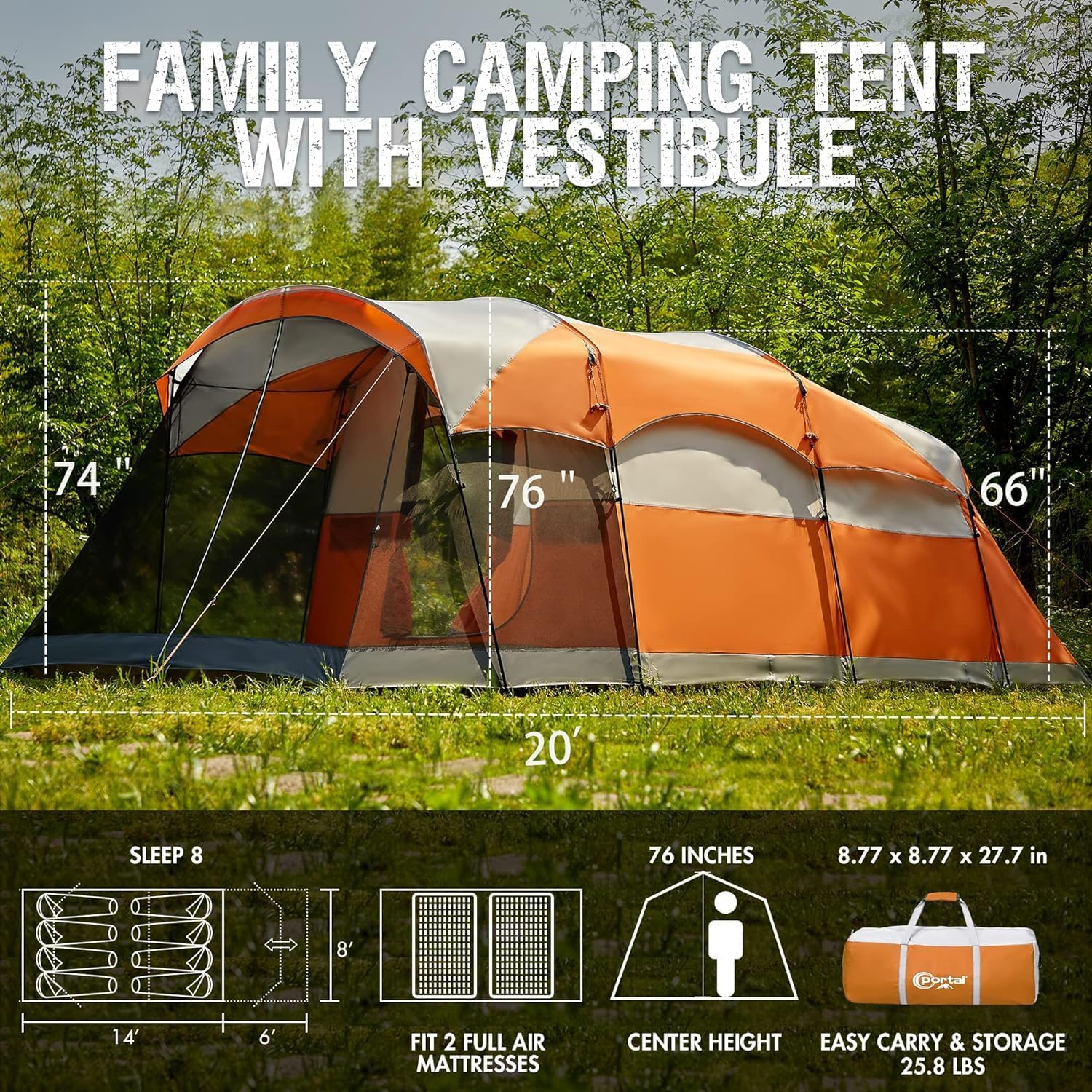 PORTAL 6/8/10 Person Family Camping Tent with Screen Room, Water Resistant Big Tunnel Tent with Rainfly, Large Family Tent for Outdoor Camping, Party wourant