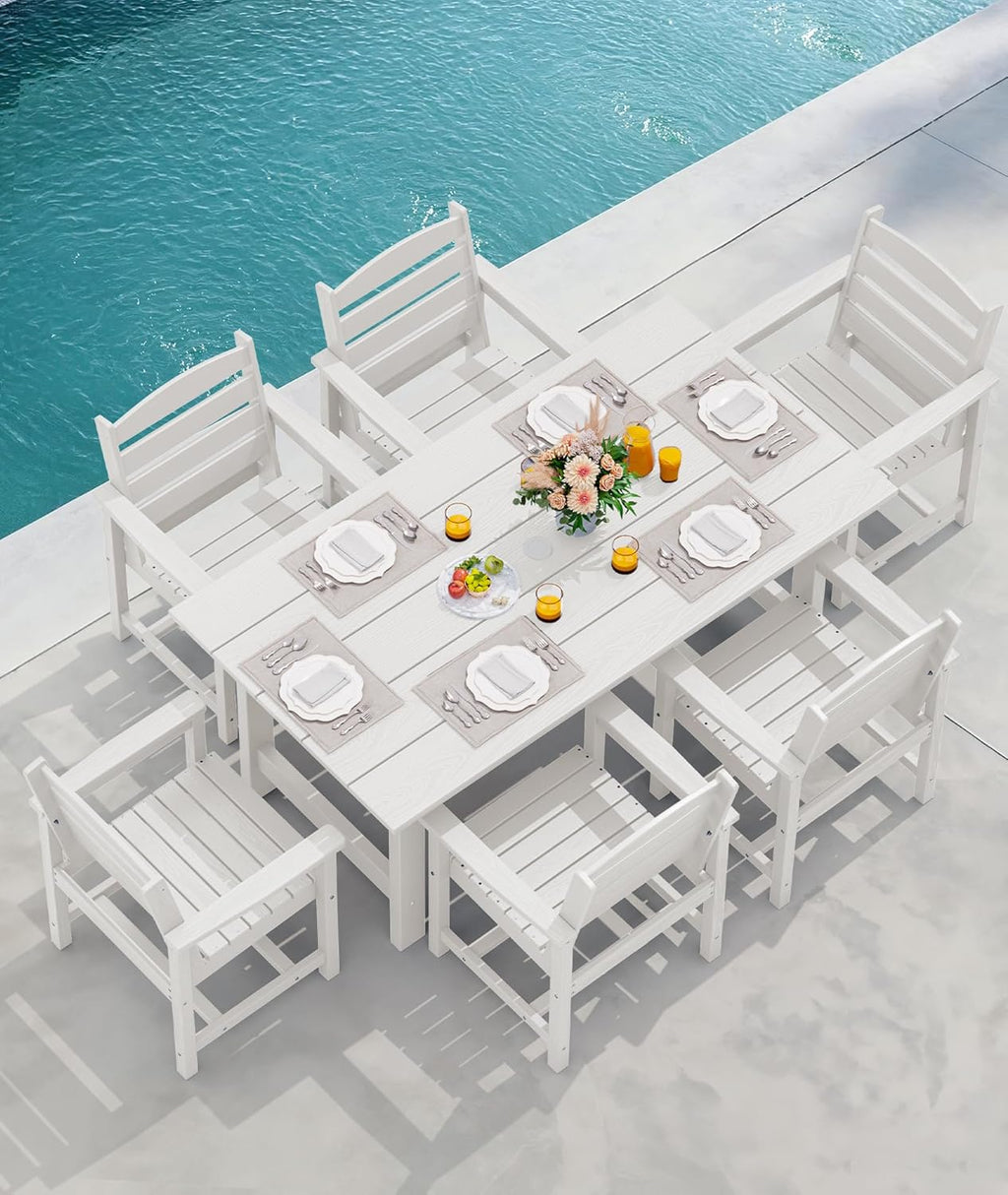 Outdoor HDPE Dining Table Set, 7-Piece Outdoor Dining Table Sets with Umbrella Hole Cut-Out Table and 6 Chairs wourant