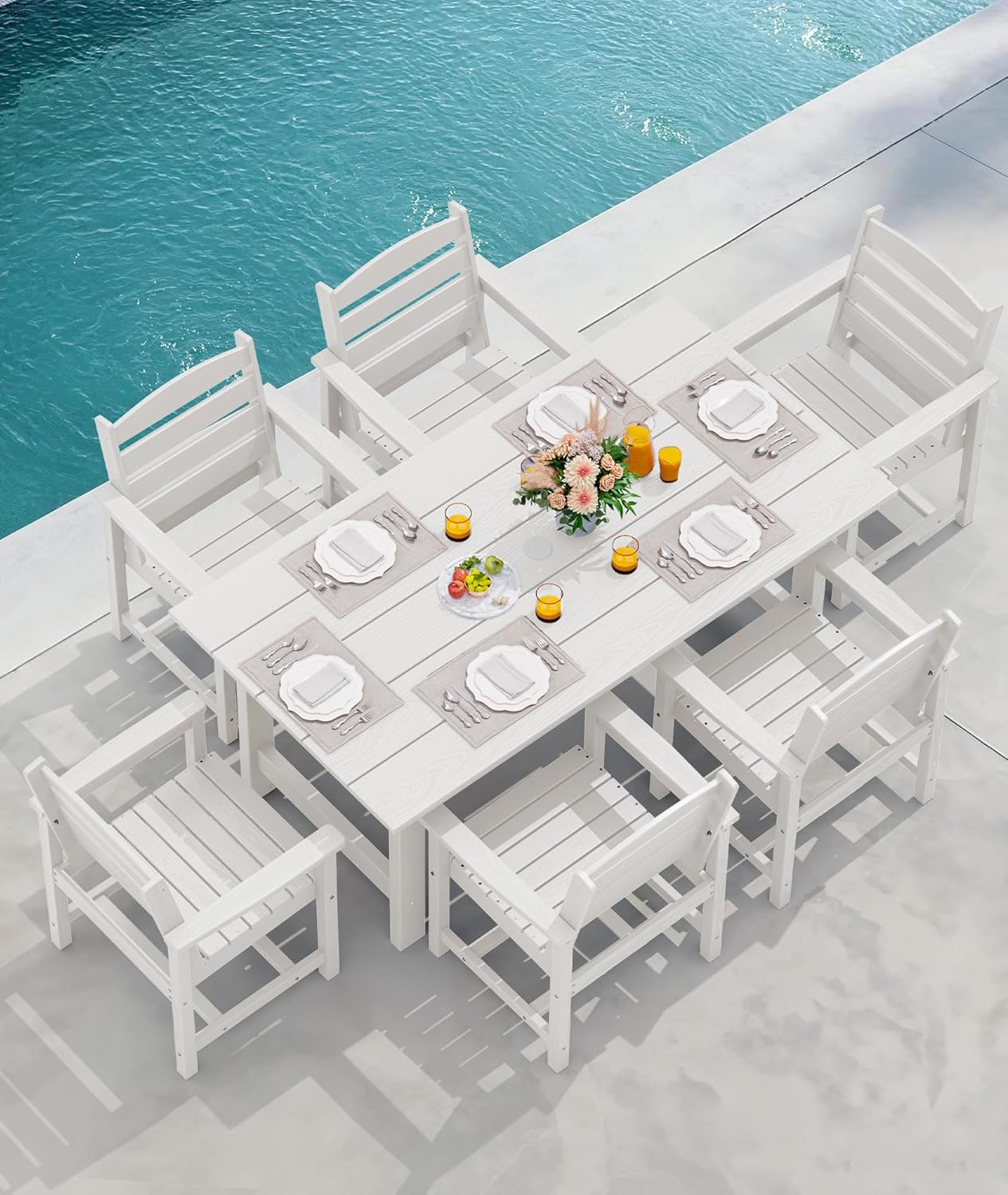 Outdoor HDPE Dining Table Set, 7-Piece Outdoor Dining Table Sets with Umbrella Hole Cut-Out Table and 6 Chairs wourant