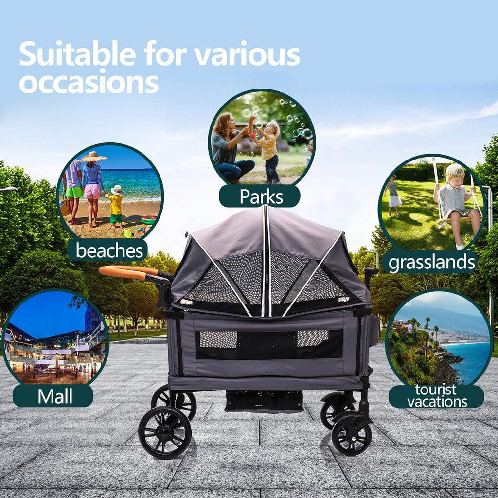 Wagon Stroller for 2 Kids & Cargo-Travel Stroller Push-Pull Double Wagon Lightweight Folding Stroller for Newborn&Toddler with 5-Point Harness,Adjustable Handle Bar and Canopy,Tray Table,Cup Holder wourant