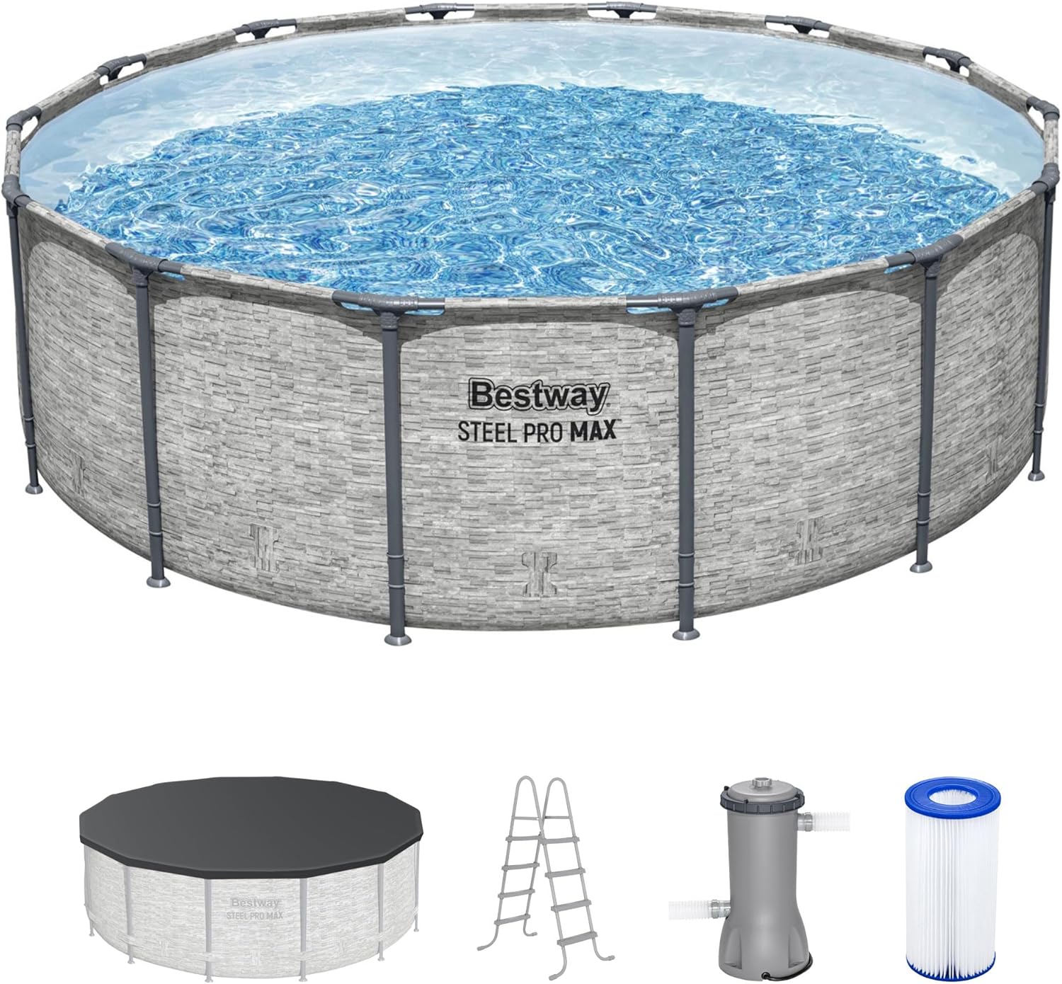Steel Pro MAX 14 Foot x 48 Inch Round Metal Frame Above Ground Outdoor Swimming Pool Set with 1,000 Filter Pump, Ladder, and Cover, Gray wourant