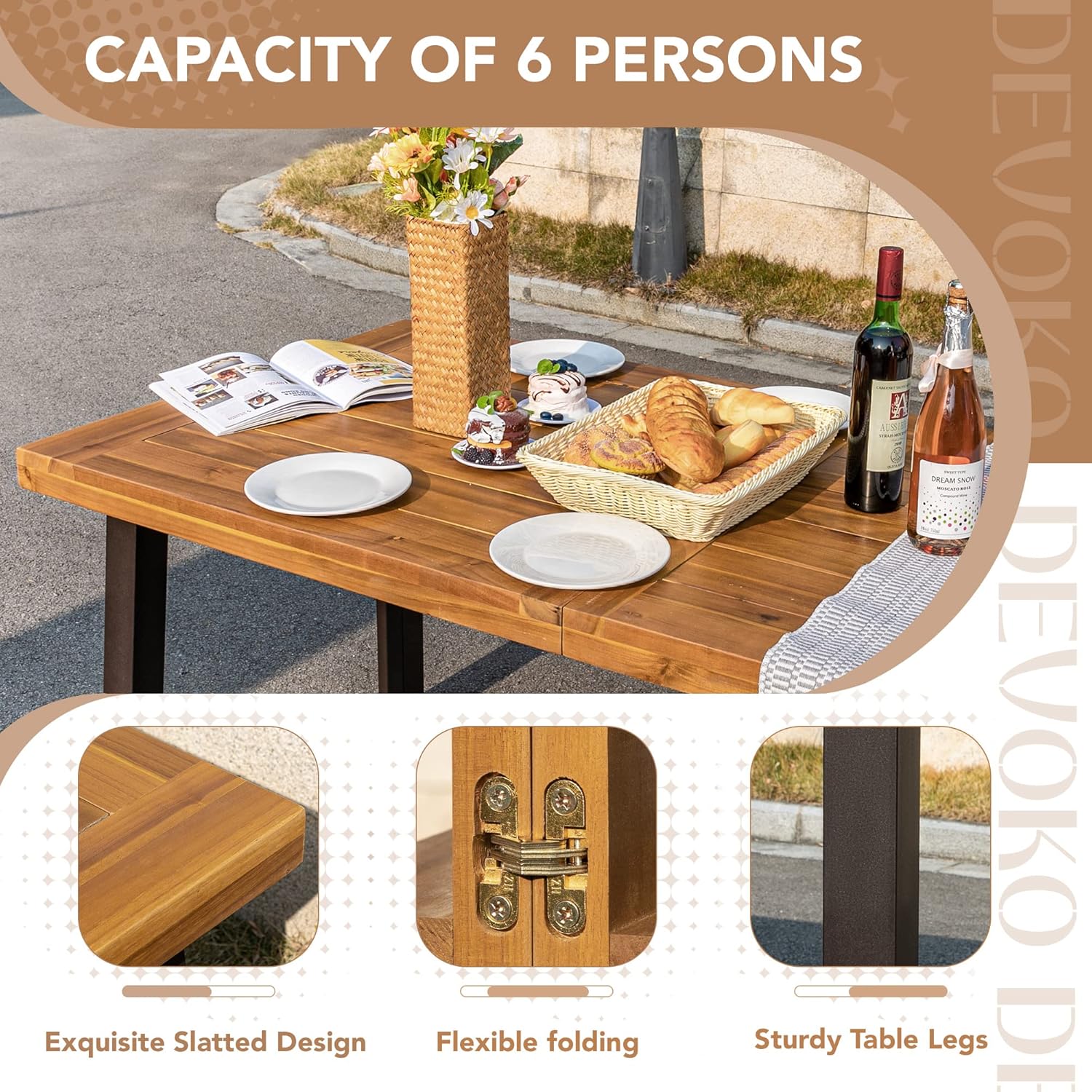 Devoko Home Acacia Wood Dining Table 6-Person Indoor Outdoor Table with Iron Legs, Sandblast Finish, Natural Stained, Rustic Metal, 69 * 33 * 30 inch (Natural) wourant