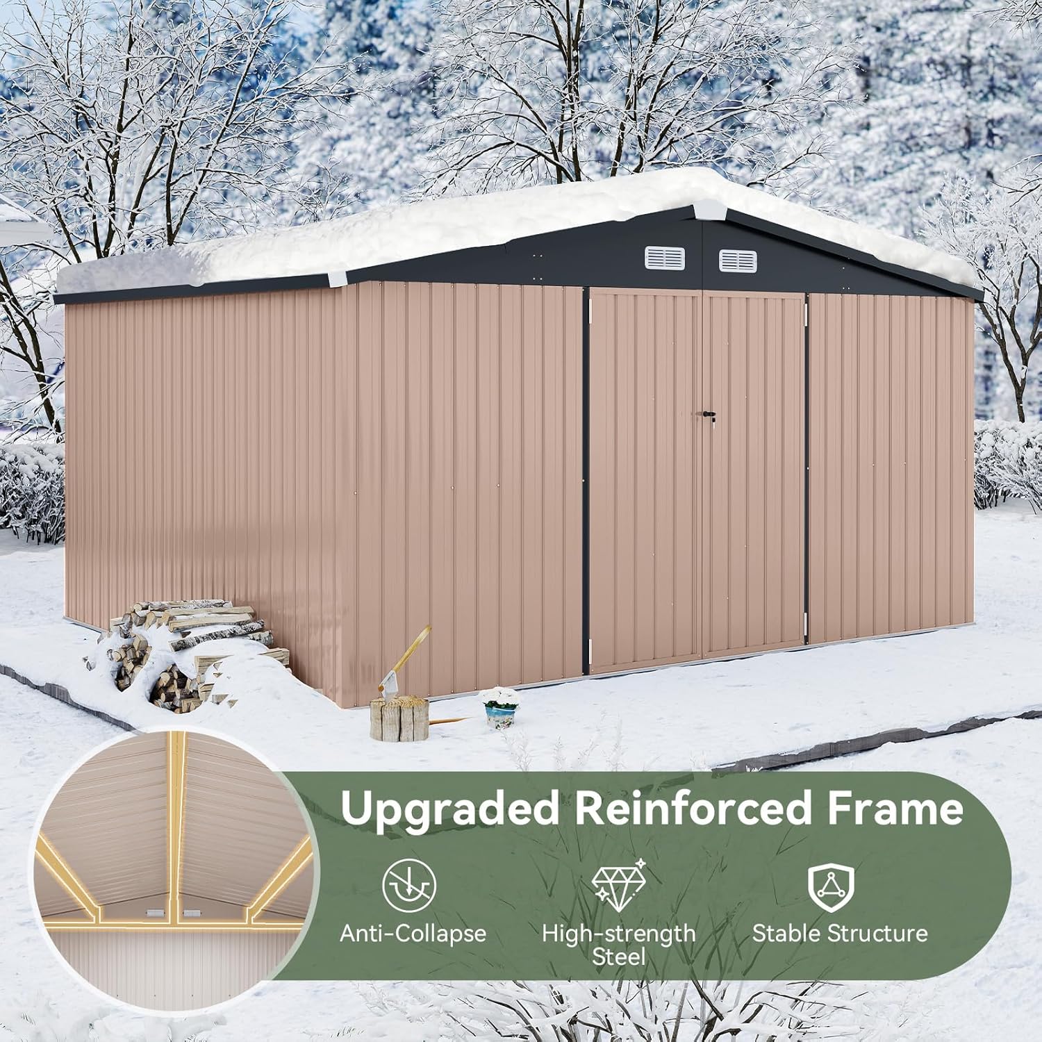 Aoxun 12x10 FT Shed Metal Outdoor Waterproof Storage Shed Steel Utility Garden Tool Shed with Door & Lock Outdoor Storage for Garden Patio Lawn Poolside, Brown wourant