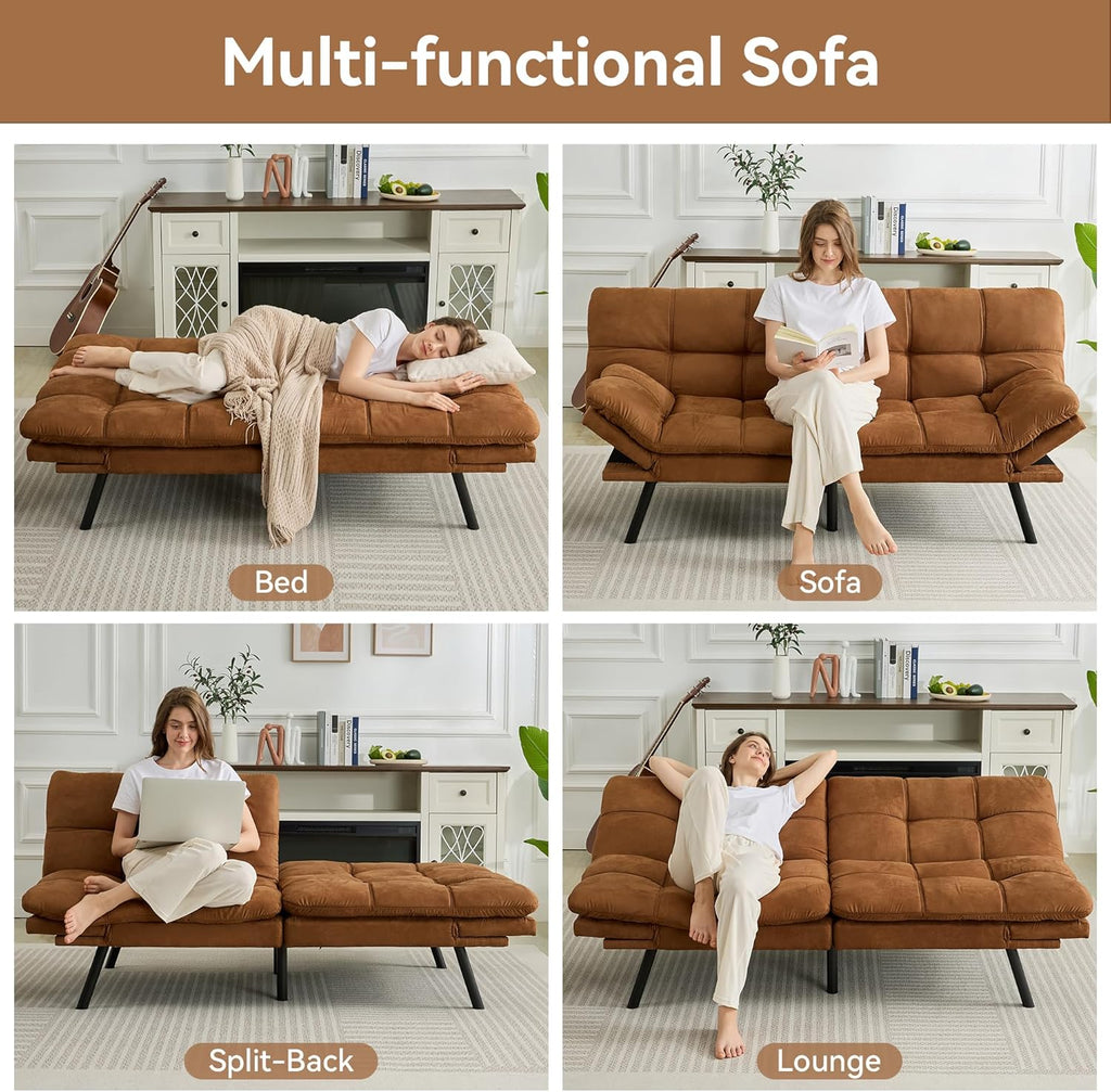Amazon Basics Brown Loveseat,Convertible Couch Memory Foam Futon Sofa Bed Modern Sleeper Sofa for Small Compact Living Room,Office,Apartment, Linen Fabric wourant
