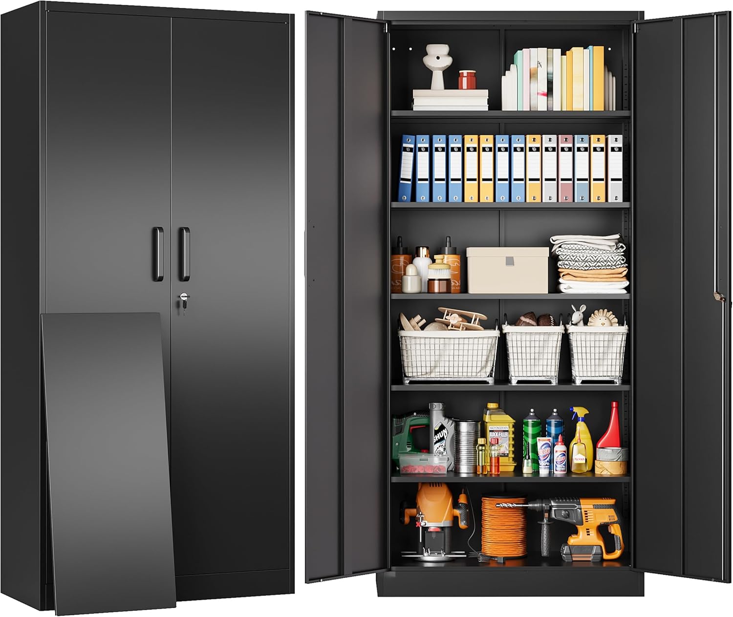 Metal Storage Cabinet with 2 Doors and 6 Shelves, Black Metal Cabinet with Lock, 71 Inch Lockable Garage Storage Cabinet wourant