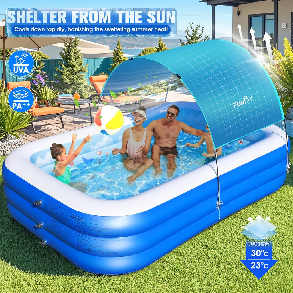 Inflatable Pool with Canopy,Upgraded Inflatable Swimming Pool for Kids,Adult,Large Inflatable Blow up Pools,Ocean Theme Oversized Thickened 105"x75"x25"Inflatable Family Pools for Backyard-Blue wourant