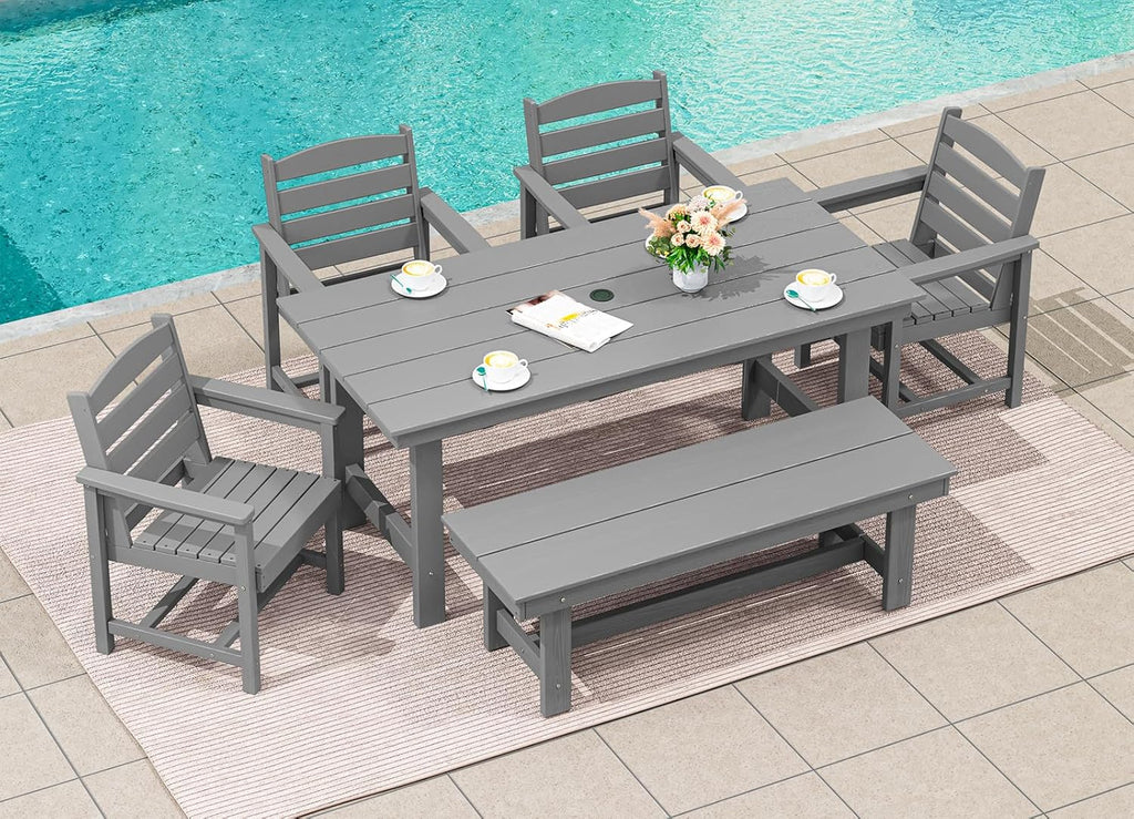 Outdoor HDPE Dining Table Set, 7-Piece Outdoor Dining Table Sets with Umbrella Hole Cut-Out Table and 6 Chairs wourant