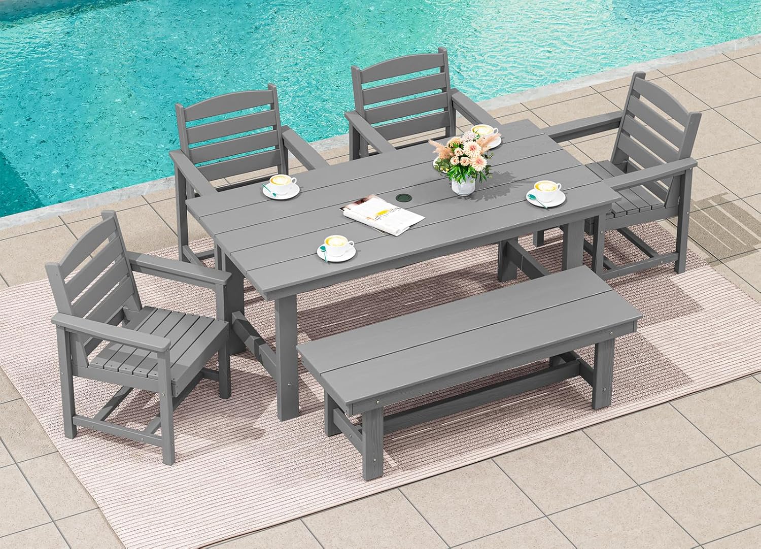Outdoor HDPE Dining Table Set, 7-Piece Outdoor Dining Table Sets with Umbrella Hole Cut-Out Table and 6 Chairs wourant