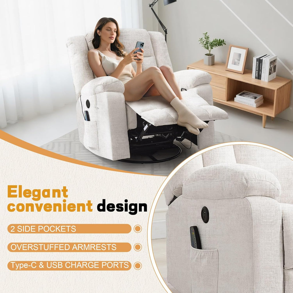 Adult rocking chair, gliding recliner, 360° rotating rocking chair with massage and heating function wourant