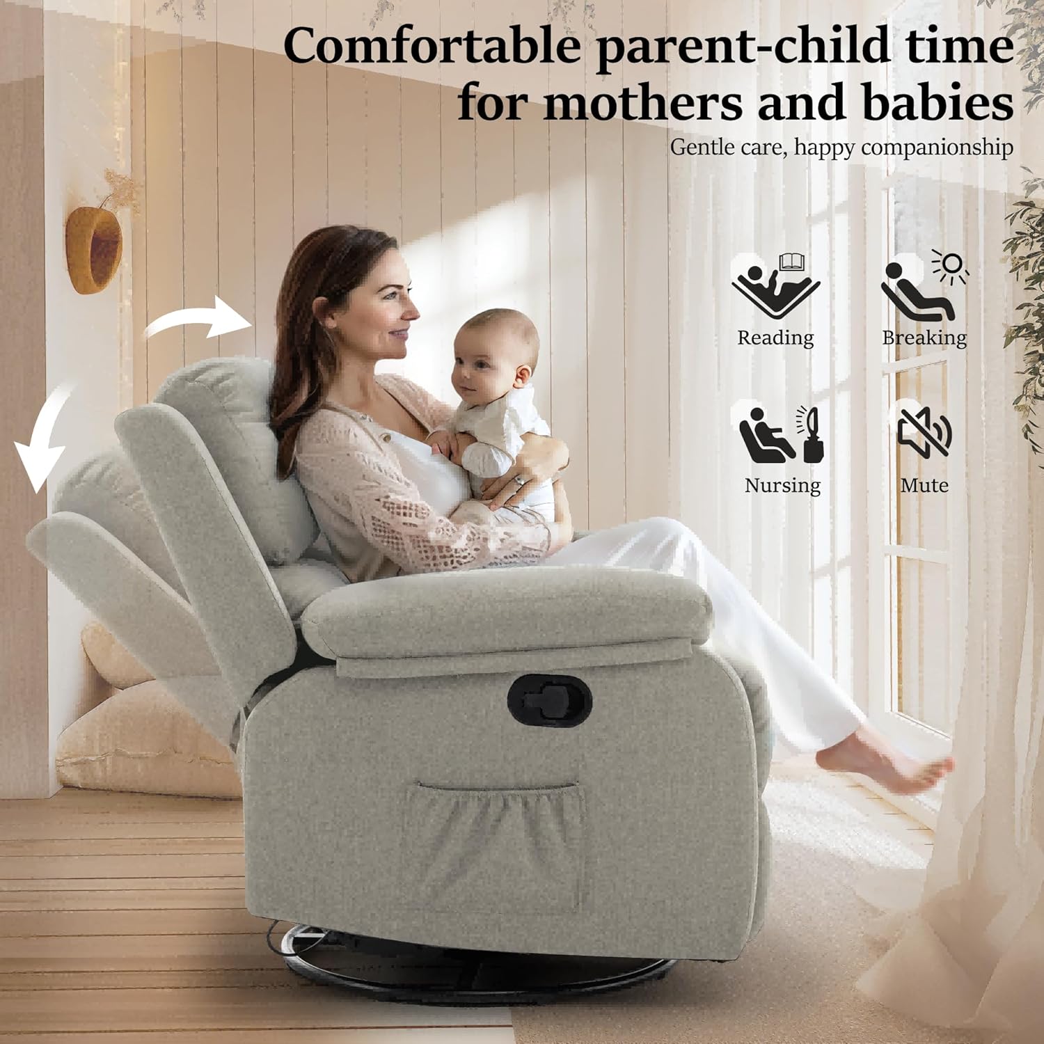 Reclining rocking chair 360 degree rotating fabric sliding reclining chair wourant