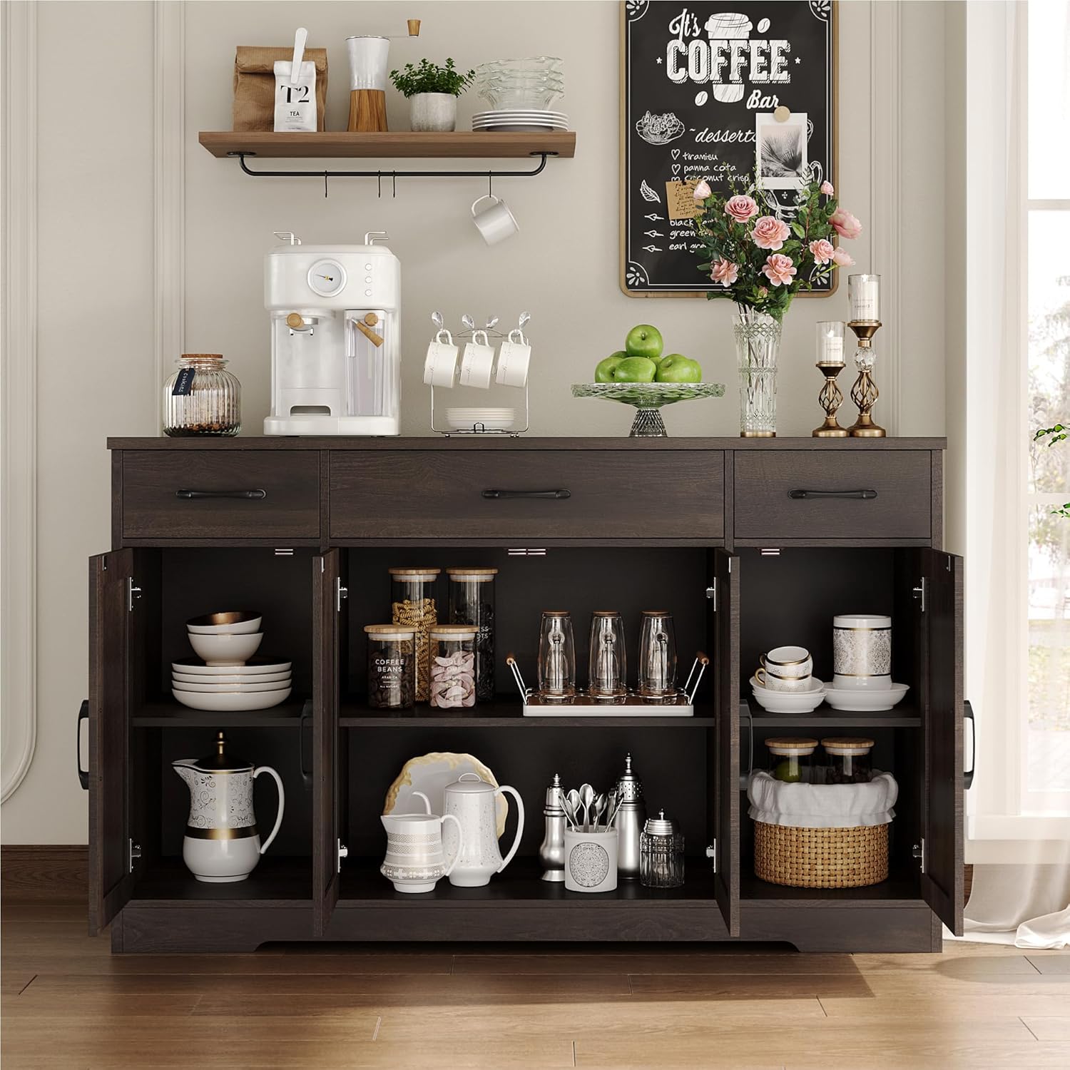 HOSTACK Buffet Cabinet with Drawers, 55" Large Sideboard Buffet Storage Cabinet with Shelves and Doors, Modern Farmhouse Coffee Bar Station Wood Kitchen Table for Kitchen, Dining Room, White/Rustic wourant
