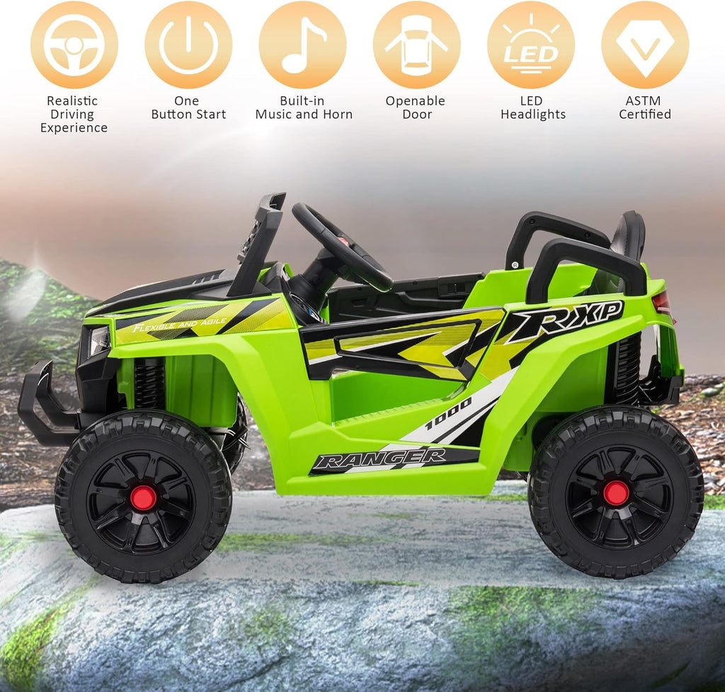 TOBBI 12V Kids Ride on Car, Electric Off-Road UTV Truck with Diverse Functions, Double Open Doors, Safety Belt, Horn, Music, and Lights for Kids Aged 3-5 Years (Rose Red) wourant