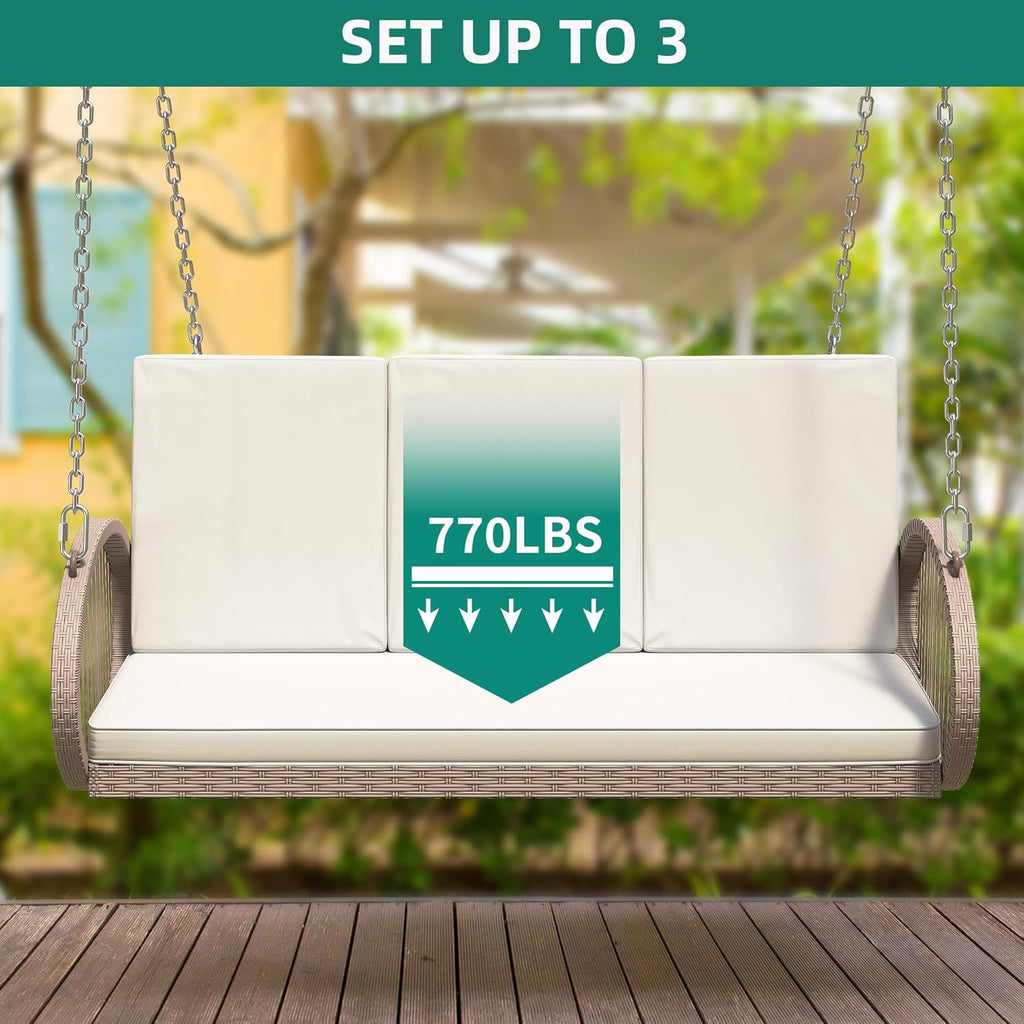 YITAHOME Hanging Porch Swing Chair Sits 3 People, Wicker Outdoor Swing Bench, Patio Lounge Chair, 1 Seating Cushion and 3 Back Cushions, w/Removable Covers, for Garden, Balcony, Backyard, Brown wourant