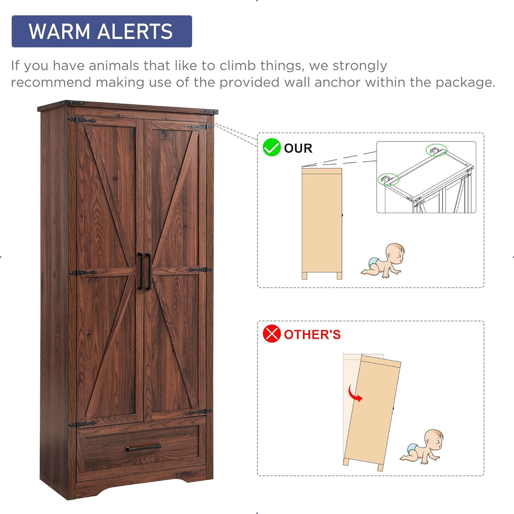 JXQTLINGMU Farmhouse Kitchen Pantry - 72" Tall Wood Kitchen Storage Cabinet with Adjustable Shelves and 2 Barn-Style Doors and Drawers wourant