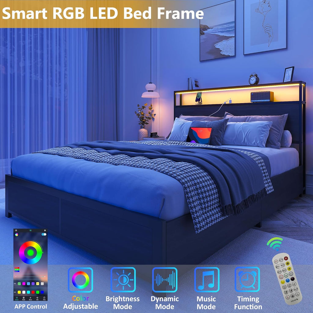 Lifezone Queen Bed Frame with 2-Tier Storage Headboard, Metal Platform Bed Frame with 4 Storage Drawers, Built in Charging Station & LED, Noise-Free/Metal Support/No Box Spring Needed wourant