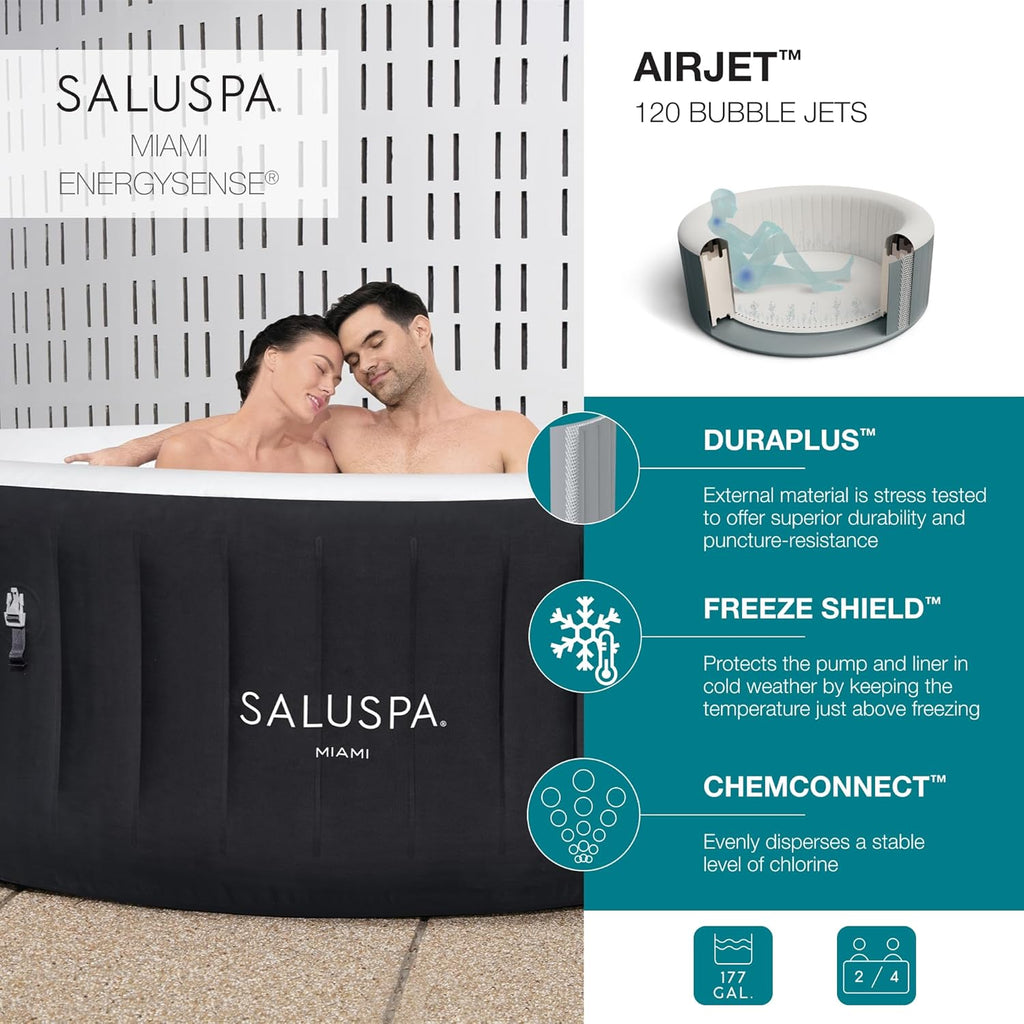 Bestway SaluSpa Miami EnergySense AirJet Inflatable Hot Tub Spa (71" x 26") | Portable Hot Tub with 2 Covers (1 Energy-Efficient Thermal Cover and 1 Standard Cover) | Fits Up to 2-4 Persons | Black wourant