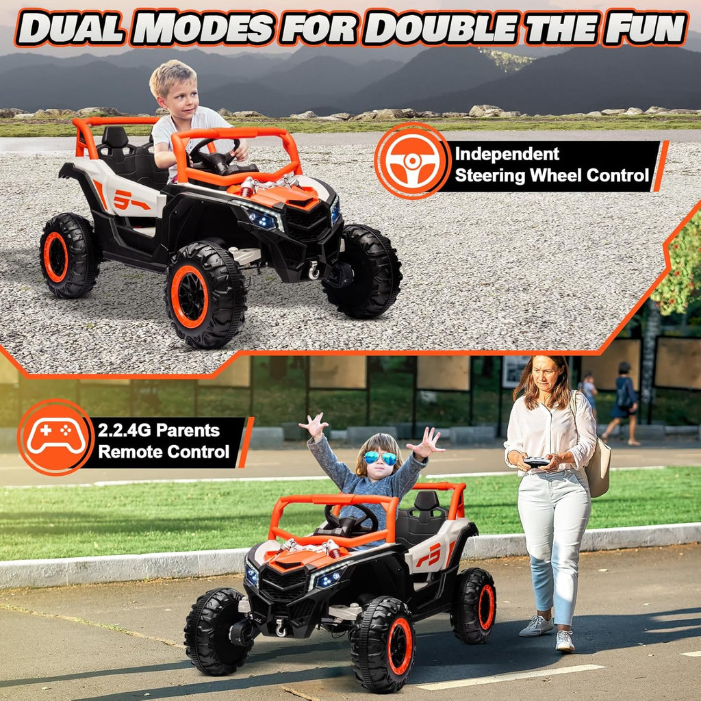 JOYRACER Kids Remote Control Car with 4 x 150W Motors, Shock Absorbers, Bluetooth, MP3 Player, and Headlights wourant