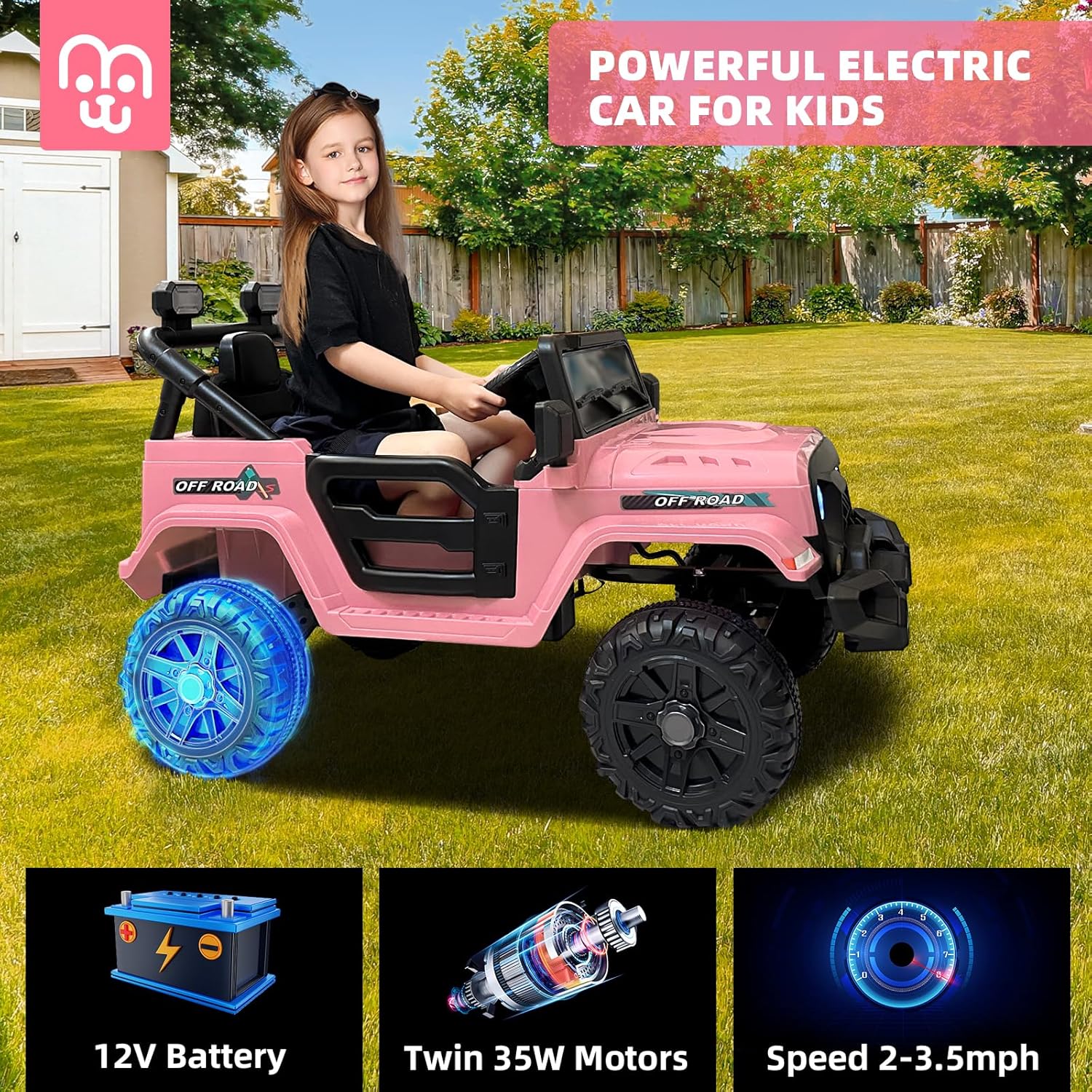 12V Kids Electric Ride on Truck Car Remote Control, Twin 35W Motors 3.5MPH Max Speed, Bluetooth USB Music Player, 4 Wheels Suspension LED Lights Safety Belt, Gift for Boy & Girl-Rosy wourant