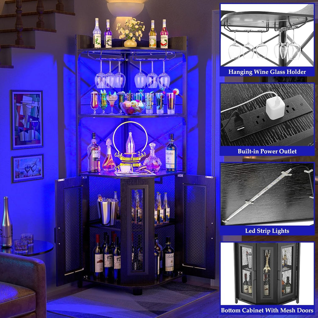 Corner bar cabinet with power socket, industrial style wine cabinet with LED light strip and glass rack, home five-layer wine cabinet bar unit, small space corner display cabinet wourant