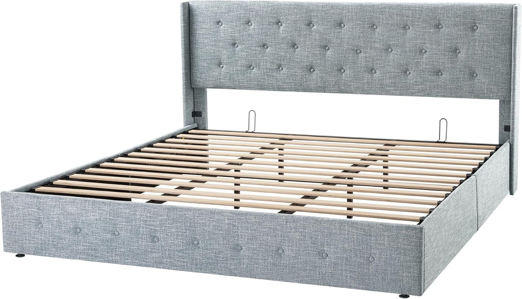 Allewie Queen Size Lift Up Storage Bed Modern Wingback Headboard Hydraulic Support wourant