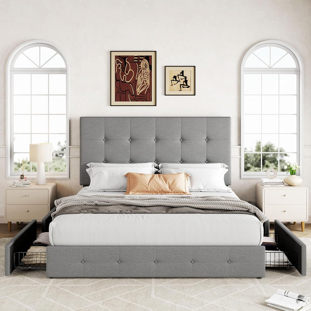 Allewie Upholstered Queen Size Platform Bed Frame with 4 Storage Drawers and Headboard wourant