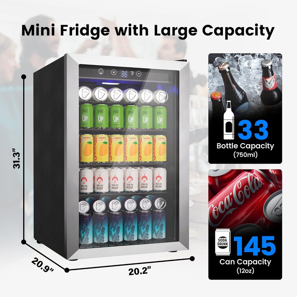 Beverage Refrigerator Cooler - 126 Can Mini Fridge Glass Door for Drinks Soda Beer Wine - Small Refrigerator for Office Bedroom Home Bar, 4 Adjustable Shelves, 3.2 Cu.Ft, Silver wourant