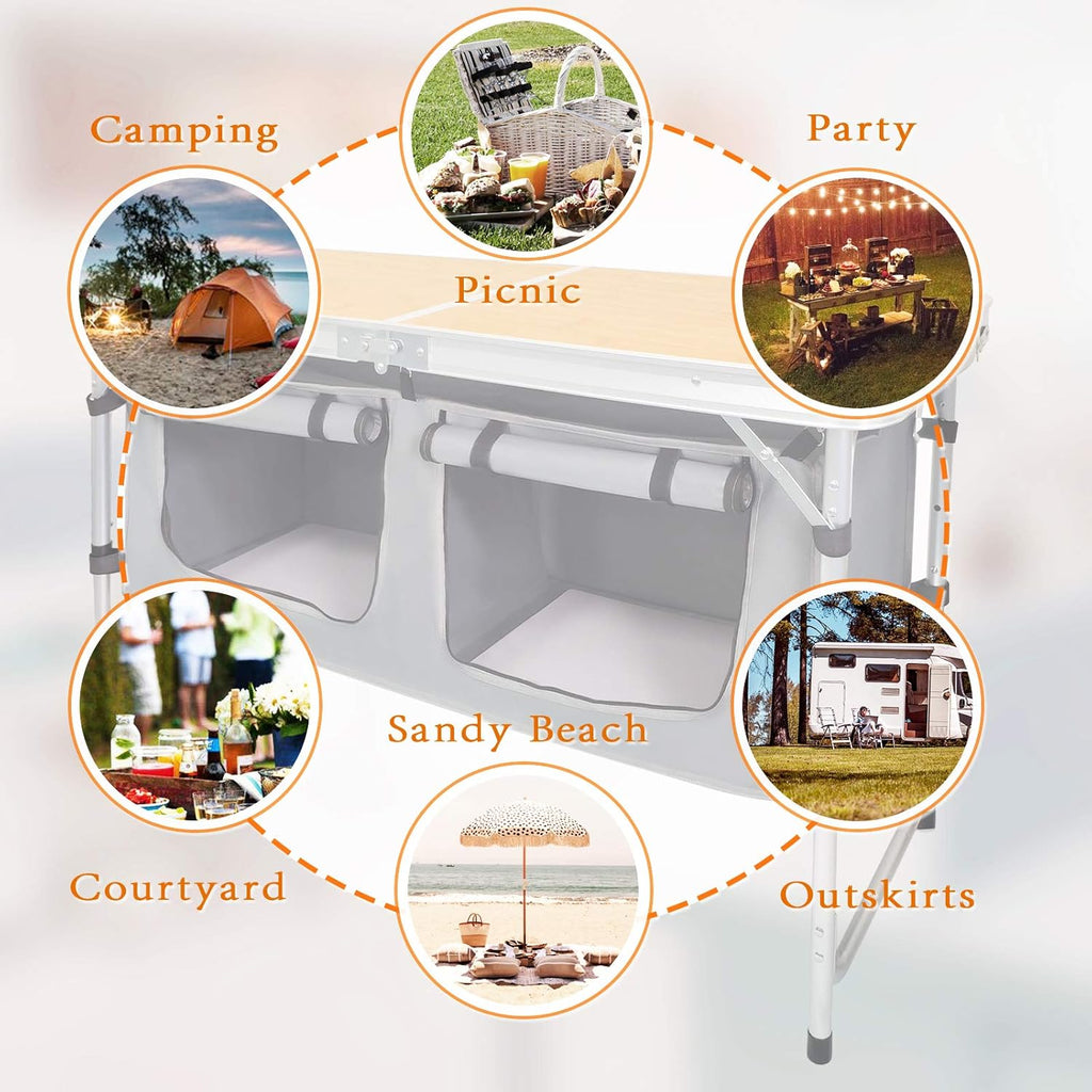 Outdoor Folding Table Aluminum Lightweight Height Adjustable with Storage Organizer for BBQ, Party, Camping wourant