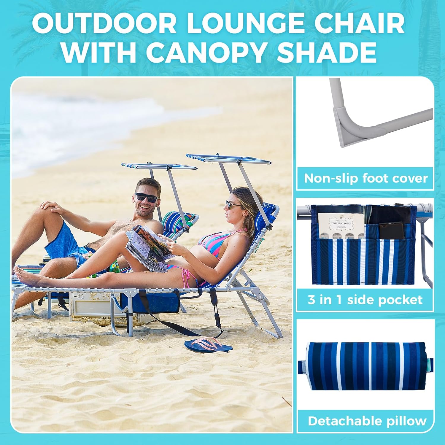 2 Pack Outdoor Chaise Lounge Chair - Portable Folding Patio Pool Lounge Chair, 5 Positions Adjustable Reclining Camping Chair with Side Table,Shoulder Strap, Pillow for Beach Sunbathing Lawn wourant