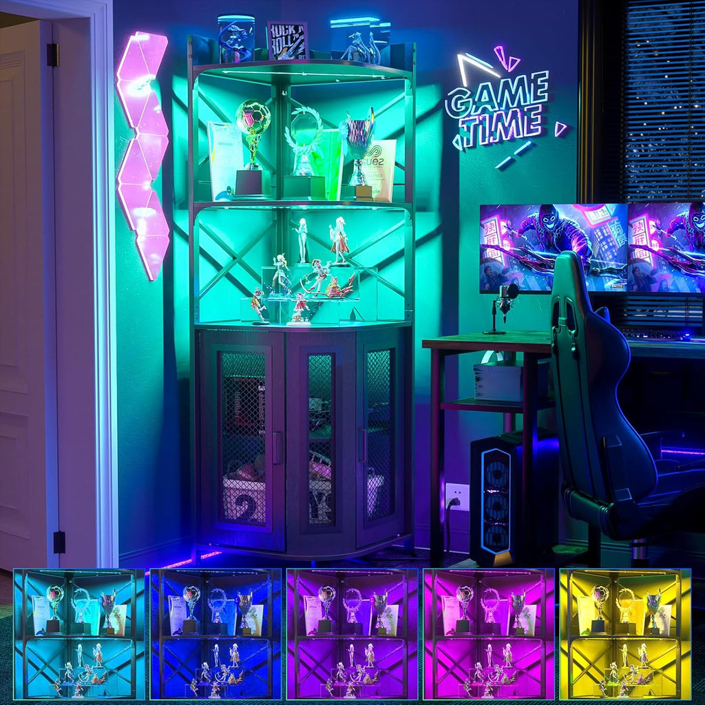 Corner bar cabinet with power socket, industrial style wine cabinet with LED light strip and glass rack, home five-layer wine cabinet bar unit, small space corner display cabinet wourant