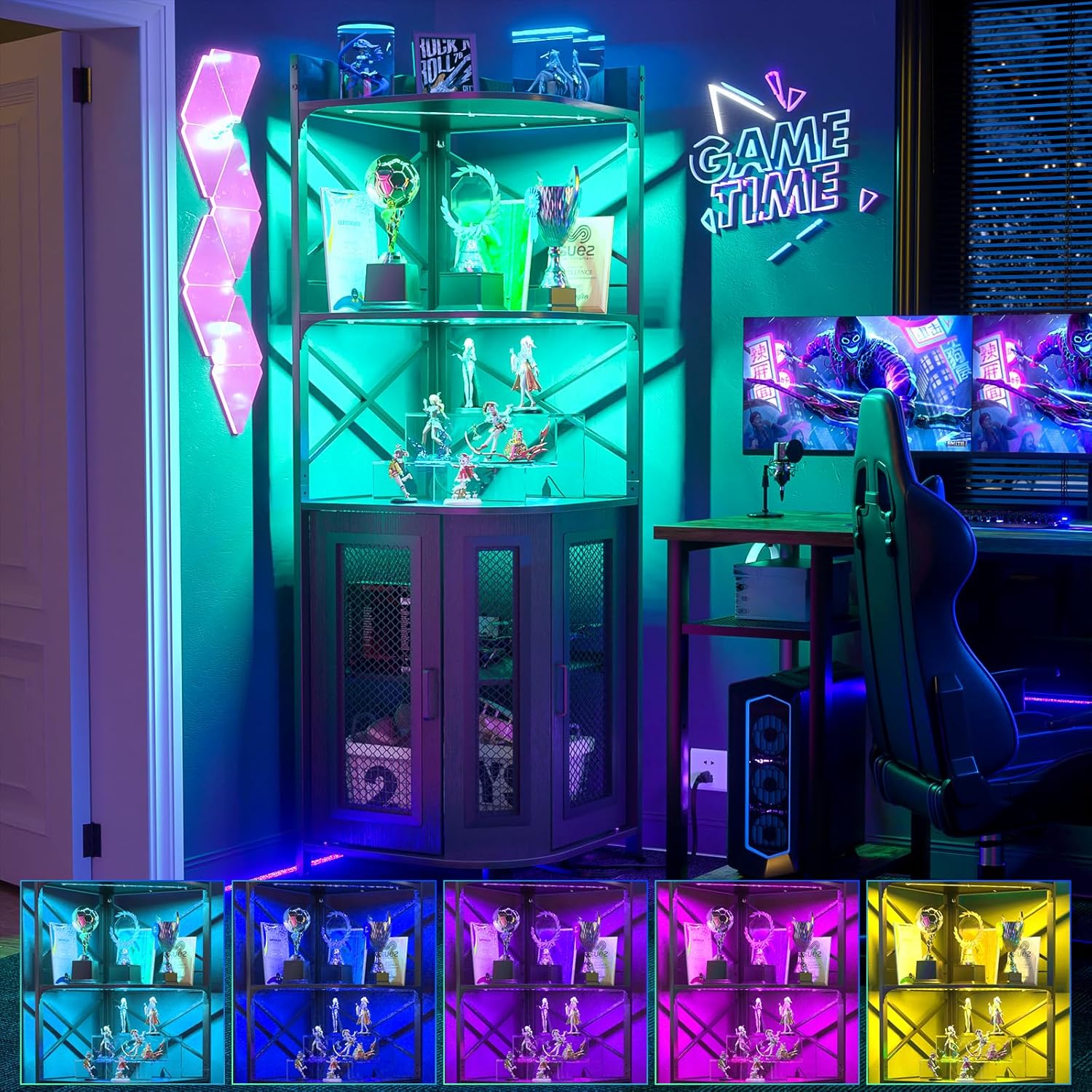 Corner bar cabinet with power socket, industrial style wine cabinet with LED light strip and glass rack, home five-layer wine cabinet bar unit, small space corner display cabinet wourant